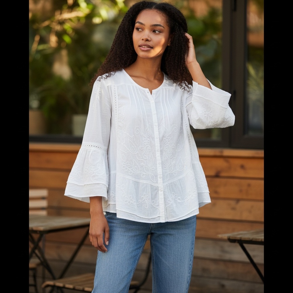 White Cotton Embroidered Button-Front Boho Top Tunic Romantic Peasant Blouse